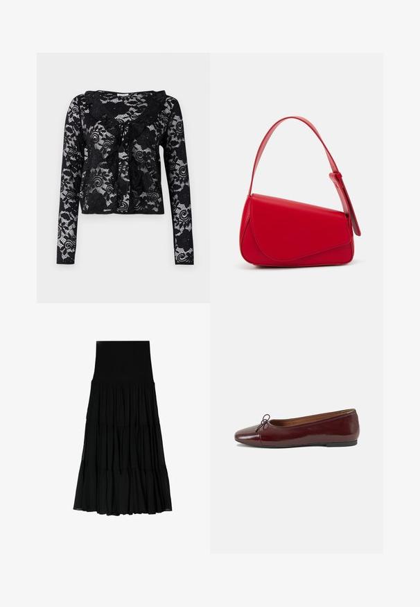 Cardigan in pizzo nero con maniche lunghe, motivi floreali, colletto arricciato, design con apertura frontale e dettaglio a fiocco al collo.; Gonna nera a strati realizzata in tessuto leggero. Presenta un elastico in vita e silhouette fluide. La lunghezza arriva fino a metà polpaccio.; Ballerine in pelle verniciata bordeaux con punta arrotondata, piccolo fiocco decorativo sulla parte anteriore e suola bassa in gomma nera. Texture liscia.; Borsa a tracolla in pelle rossa con un design angolare e geometrico. Presenta una singola tracolla regolabile e una chiusura a patta con dettagli cuciti.