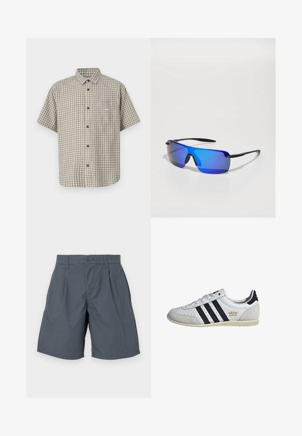 Īsām piedurknēm krekls gaiši zaļā un bežā kvadrātā. Ir krūšu kabata ar "obey" logotipu un melni pogas.; Pelēki šorti, kas izgatavoti no viegla auduma, ar priekšējo pogu aizdari, divām sānu kabatām un taisnu griezumu.; Balti sporta apavi ar melnām svītrām un zelta zīmolu. Izgatavoti no zamšādas un ādas, ar perforētu augšdaļu un teksturētu gumijas zoli.; Sporta saulesbrilles ar melnu rāmi, zilu spoguļotāju stiklu, stūra formu un gumijas deguna spilventiņiem labākai saķerei. Stiklu tonis ir gradienta.