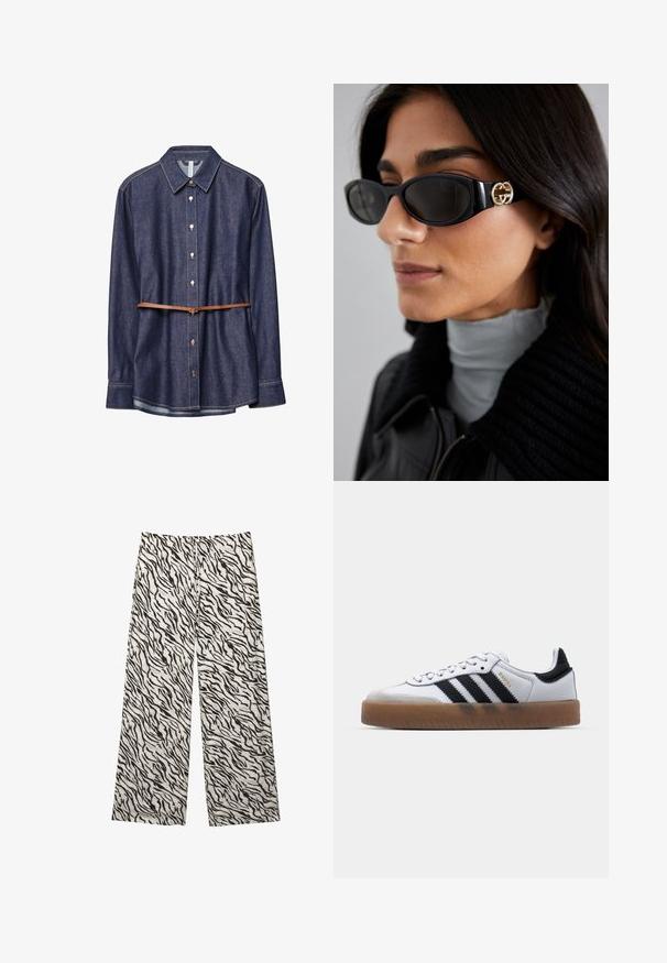 Denim shirt, dark indigo color, classic collar, long sleeves, button closure, accented with a brown leather belt at the waist.; Wide-leg pants in a lightweight fabric featuring a black and white tiger stripe pattern. Elastic waistband with a drawstring detail.; White leather sneakers with black stripes, gum rubber outsole, round toe, lace-up closure, and soft gray suede toe cap.; Black sunglasses featuring a sleek rectangular frame with a gold logo accent on the side. Dark lenses and glossy finish are prominent.