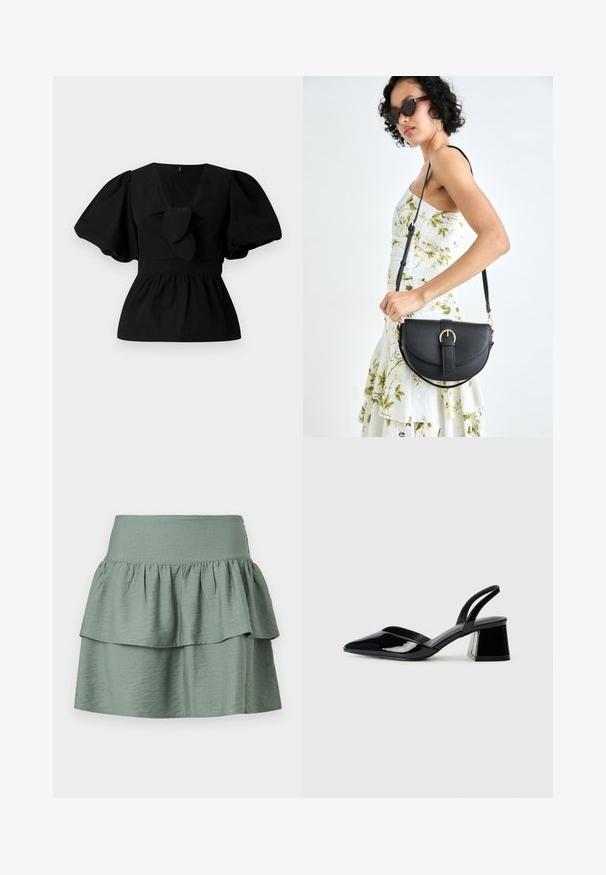 Blusa nera in cotone con scollatura a V, maniche a sbuffo e dettaglio con fiocco in vita. Il busto è arricciato per una forma a peplo.; Gonna verde chiaro con design a strati e orlo arricciato, realizzata in tessuto leggero, con vita elasticizzata per il massimo comfort.; Décolleté in vernice nera con punta affusolata e tacco in geometria cubica. Presentano un design elegante e minimalista, con una texture liscia.; Borsa a tracolla nera in pelle con una forma curva, manico rimovibile e accessori dorati. La borsa presenta una patta con un dettaglio a fibbia.