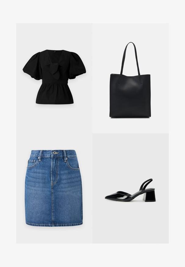Black cotton blouse featuring a V-neck, puff sleeves, and a tie accent at the waist. The bodice is gathered for a peplum shape.; Denim skirt in blue, straight cut with a waistband, front pockets, and a faded finish. Features contrast stitching and a zipper fly.; Black patent leather slingback heels with a pointed toe and a geometric block heel. Features a sleek, minimal design and smooth texture.; Black leather tote bag with smooth texture, rectangular shape, and two long handles. No visible hardware or embellishments.