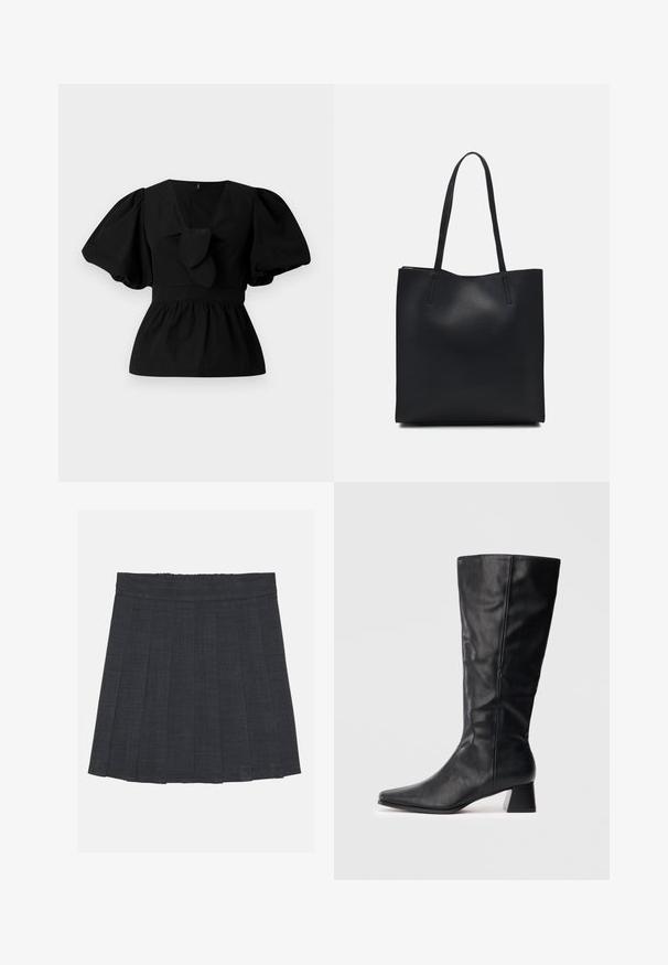 Blusa de algodão preta com decote em V, mangas bufantes e um detalhe atado na cintura. O corpete é pregueado para criar uma forma de peplum.; Saia pregueada cinza escuro com cintura elástica, apresentando um tecido texturizado e uma silhueta clássica em A. Adequada para uso casual.; Bota de couro preta até ao meio da panturrilha, com bico apontado e salto quadrado, sobre um fundo claro liso.; Bolsa tote preta em couro com textura lisa, forma retangular e duas alças longas. Sem hardware ou enfeites visíveis.