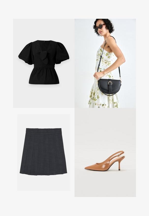 Black cotton blouse featuring a V-neck, puff sleeves, and a tie accent at the waist. The bodice is gathered for a peplum shape.; Dark gray pleated skirt with an elastic waistband, featuring a textured fabric and a classic A-line silhouette. Suitable for casual wear.; Pointed toe slingback heel in a smooth, glossy tan material. Features a curved cutout design and a slender stiletto heel. Silver buckle detail.; Black leather handbag with a curved shape, detachable strap, and gold hardware. The bag features a flap with a buckle detail.