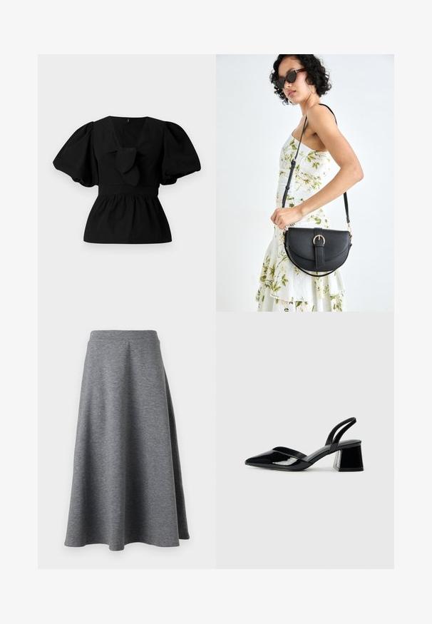 Black cotton blouse featuring a V-neck, puff sleeves, and a tie accent at the waist. The bodice is gathered for a peplum shape.; Gray, knee-length skirt made of soft, stretchy material, featuring a flared design and an elastic waistband for comfort.; Black patent leather slingback heels with a pointed toe and a geometric block heel. Features a sleek, minimal design and smooth texture.; Black leather handbag with a curved shape, detachable strap, and gold hardware. The bag features a flap with a buckle detail.