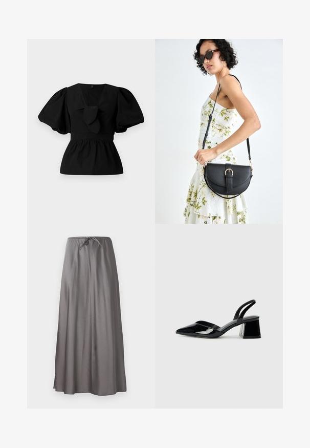 Čierna bavlnená blúzka s výstrihom do V, s balónovými rukávmi a viazaním v oblasti pásu. Hrudník je zhrnutý pre peplum tvar.; Sivá maxi sukňa vyrobená z hladkej, ľahkej tkaniny. Obsahuje elastický pás so sťahovacou šnúrkou a bočnými rozparkami pre pohodlný pohyb.; Čierne lakované kožené sandálové podpätky s špicatou špičkou a geometrickým blokovým podpätkom. Disponujú elegantným, minimalistickým dizajnom a hladkým povrchom.; Čierna kožená kabelka s zaobleným tvarom, odnímateľným popruhom a zlatými doplnkami. Kabelka má klopu s detailom s prackou.
