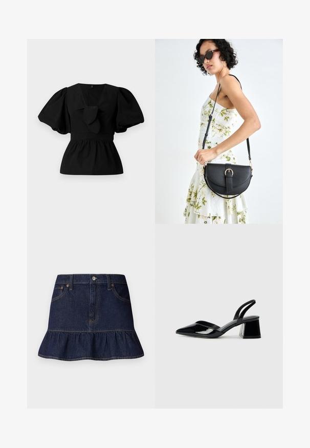 Black cotton blouse featuring a V-neck, puff sleeves, and a tie accent at the waist. The bodice is gathered for a peplum shape.; Dark denim skirt with ruffled hem, five-pocket design, belt loops, and a front button closure. Smooth texture and straight cut.; Black patent leather slingback heels with a pointed toe and a geometric block heel. Features a sleek, minimal design and smooth texture.; Black leather handbag with a curved shape, detachable strap, and gold hardware. The bag features a flap with a buckle detail.