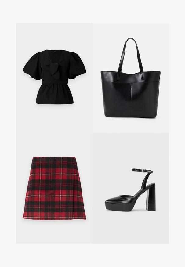 Bluză neagră din bumbac cu decolteu în V, mâneci tip puff și accent cu funda în talie. Bustul este adunat pentru un aspect peplum.; Fustă mini în carouri roșii și negre, fabricată dintr-un material moale cu o formă evazată, având cusături orizontale și o margine curată.; Pantofi cu toc platformă negri, cu vârful ascuțit și curea reglabilă la gleznă. Confecționați din piele netedă, având un toc gros.; Geantă oversized din piele neagră, cu două mânere lungi, de textură netedă și formă structurată. Are un buzunar frontal pentru stocare suplimentară.