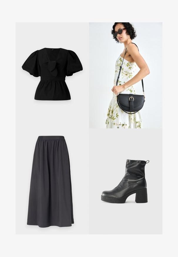Black cotton blouse featuring a V-neck, puff sleeves, and a tie accent at the waist. The bodice is gathered for a peplum shape.; Black cotton skirt with an elasticated waistband, A-line shape, and smooth texture, reaching mid-calf length with no visible patterns or hardware.; Black ankle boots made of smooth leather, featuring a side zipper, chunky textured heel, and rounded toe design.; Black leather handbag with a curved shape, detachable strap, and gold hardware. The bag features a flap with a buckle detail.