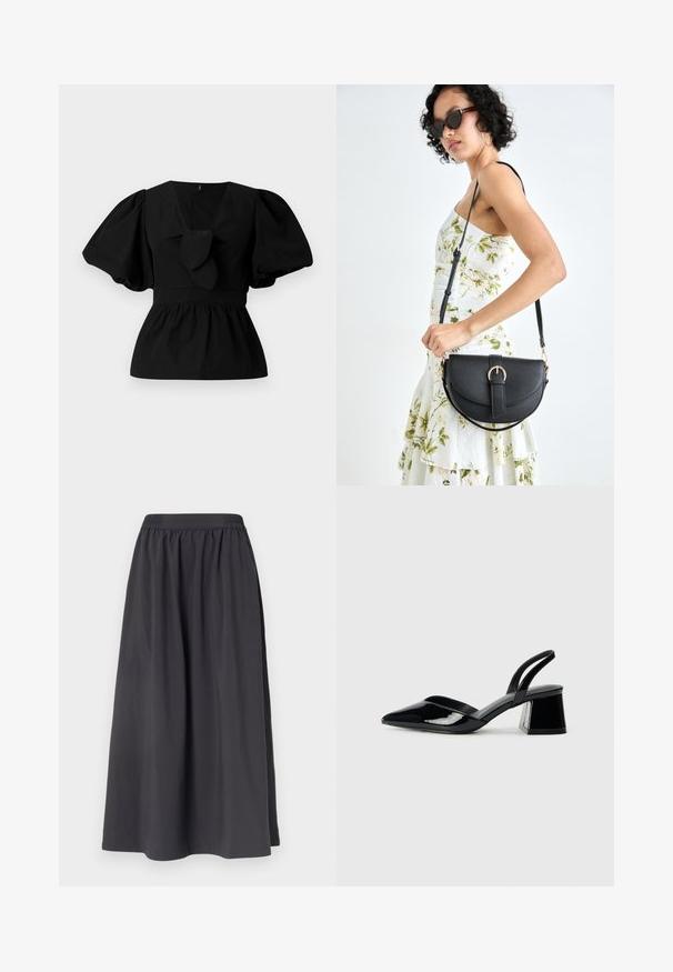 Black cotton blouse featuring a V-neck, puff sleeves, and a tie accent at the waist. The bodice is gathered for a peplum shape.; Black cotton skirt with an elasticated waistband, A-line shape, and smooth texture, reaching mid-calf length with no visible patterns or hardware.; Black patent leather slingback heels with a pointed toe and a geometric block heel. Features a sleek, minimal design and smooth texture.; Black leather handbag with a curved shape, detachable strap, and gold hardware. The bag features a flap with a buckle detail.