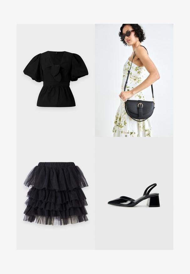 Bluză neagră din bumbac cu decolteu în V, mâneci tip puff și accent cu funda în talie. Bustul este adunat pentru un aspect peplum.; Fustă din tull negru cu volane suprapuse, având un elastic în talie. Materialul este transparent și ușor, cu o notă de o culoare mai deschisă la stratul de bază.; Pantofi cu toc slingback din piele lacuită neagră, cu vârf ascuțit și toc geometric. Prezintă un design elegant, minimalist și o textură netedă.; Geantă din piele neagră, cu o formă curbată, curea detașabilă și accesorii aurii. Geanta are un capac cu un detaliu tip cataramă.