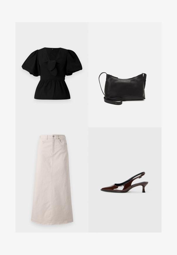 Blouse en coton noir avec un col en V, des manches bouffantes et un détail à nouer à la taille. Le corsage est froncé pour une forme peplum.; Jupe midi en velours côtelé beige avec des rayures verticales, présentant une taille ajustée, des poches avant et une coupe droite jusqu'à l'ourlet.; Chaussure slingback en cuir verni marron avec un bout pointu et un talon modéré. Elle est dotée d'une sangle à boucle pour un ajustement sécuritaire. Texture lisse.; Sac à épaule en cuir noir avec une texture lisse, une forme courbée, une bandoulière ajustable et une fermeture éclair. Design minimaliste sans embellissements.