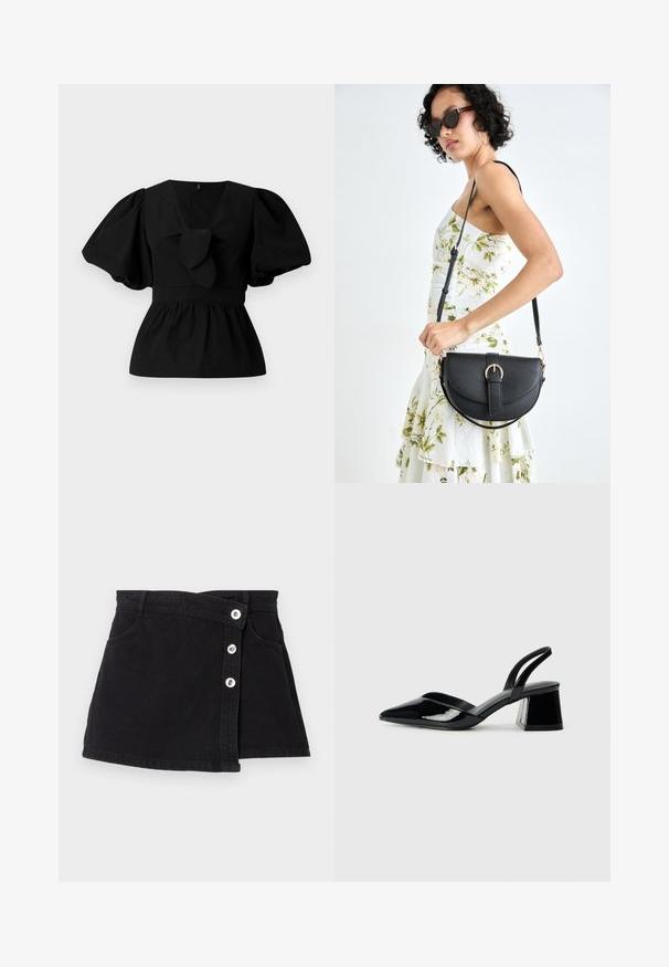 Črna bombažna bluzica z V-izrezom, nabranimi rokavi in veznim poudarkom v pasu. Bodice je nabrana za peplumski kroj.; Črna denim krila z visokim pasom, ki ima zavihek, pet srebrnih gumbov na eni strani in dve stranski žepki. Gladka tekstura.; Črne lakirane slingback pete s koničastim nosom in geometrijsko blokasto peto. Imajo eleganten, minimalističen dizajn in gladko teksturo.; Črna usnjena torbica s ukrivljeno obliko, z odstranljivo naramnico in zlatimi dodatki. Torbica ima pokrov s podrobnostmi v obliki zaponke.