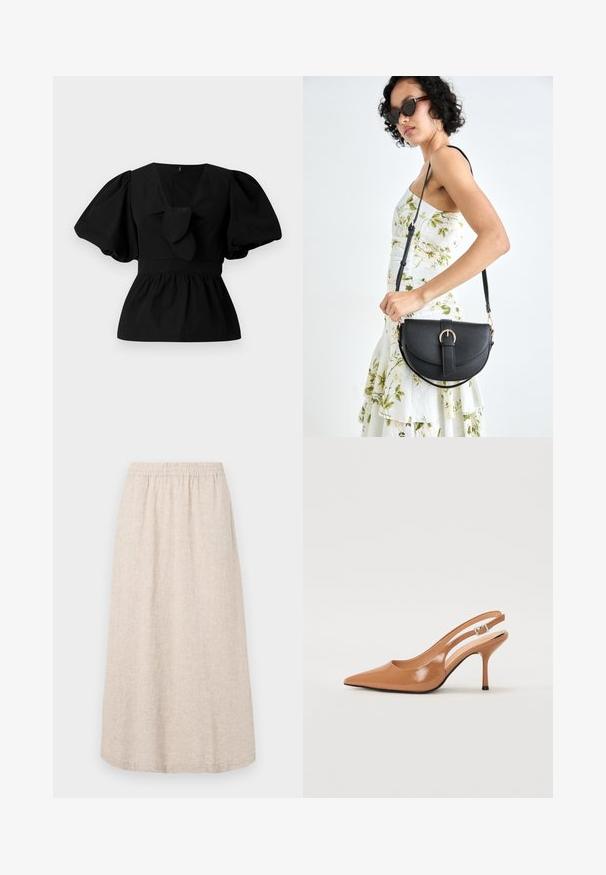 Fekete pamut blúz V nyakkivágással, puffos ujjakkal és derékon megkötős díszítéssel. A felső rész ráncolt a peplum forma érdekében.; Beige vászon szoknya rugalmas derékkal, midi hosszúságú, finom textúrájú mintázattal. Zsebek vagy további díszítések nem láthatóak.; Fingerszűk, hegyes orrú, háttámlás sarokcipő sima, fényes barnás anyagból. Íves kivágású dizájn és karcsú stiletto sarkú. Ezüst csattal ellátva.; Fekete bőrtáska ívelt formával, levehető pánttal és arany színű fémrészekkel. A táskán egy csattal díszített fedél található.