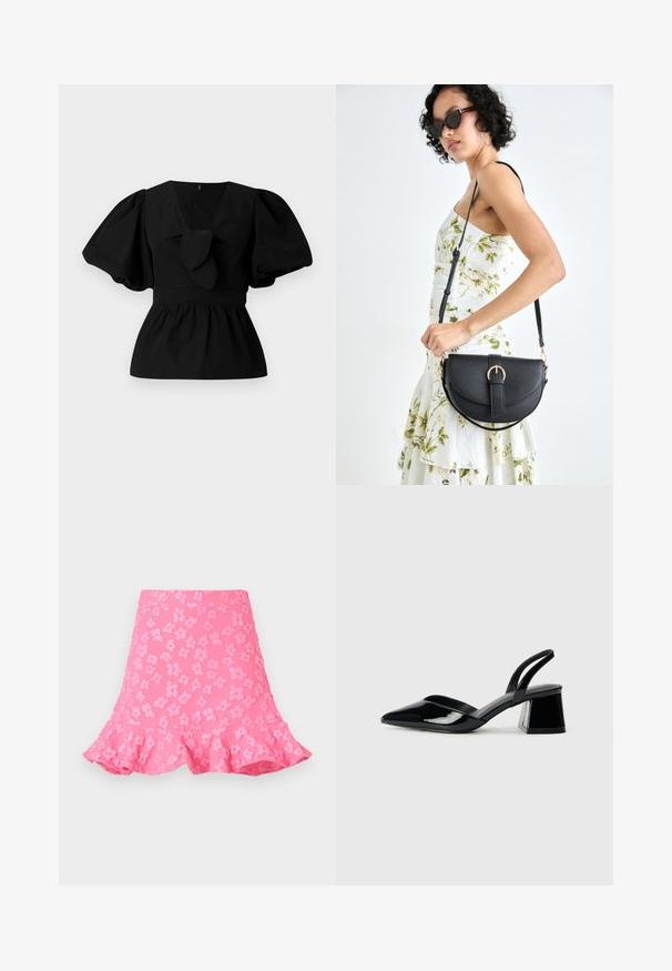 Melnas kokvilnas blūze ar V-veida kakla izgriezumu, puffam līdzīgām piedurknēm un saites akcentu viduklī. Krūšu daļa ir savākta, veidojot pepluma siluetu.; Rozā izsistā svārku, kuram ir reljefs ziedu raksts, viļņota apakšmala un gluda tekstūra. Garums līdz augšai ceļgaliem ar pieguļošu vidukļa daļu.; Melna lakota āda ar atvērto papēdi, ar smailu purngalu un ģeometrisku blokpapēdi. Iezīmējas elegants, minimāls dizains un gluda tekstūra.; Melnas ādas rokassoma ar izliekta formu, noņemamu siksnu un zelta aksesuāriem. Somai ir vāciņš ar sprādzes detaļu.