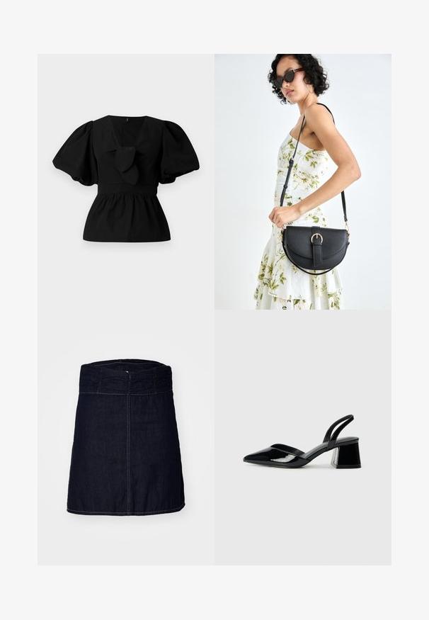Black cotton blouse featuring a V-neck, puff sleeves, and a tie accent at the waist. The bodice is gathered for a peplum shape.; Denim skirt in dark indigo with a gathered elastic waistband, straight cut, and contrasting stitching along the hem and seams.; Black patent leather slingback heels with a pointed toe and a geometric block heel. Features a sleek, minimal design and smooth texture.; Black leather handbag with a curved shape, detachable strap, and gold hardware. The bag features a flap with a buckle detail.