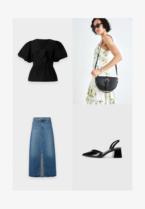 Juoda medvilninė bliuska su V formos iškirpte, pūstomis rankovėmis ir juosmens raiščiu. Viršutinė dalis suglebusi, sukurianti peplumo formą.; Džinsinė midi sijonas su priekiu įpjova. Savybės: prigludusi liemuo, šviesiai mėlyna skalbimo spalva, diržo kilpos ir klasikinis penkių kišenių dizainas.; Juodos lakuotos odinės šlepetės su smailiu pirštu ir geometriniu bloko kulnu. Turi elegantišką, minimalistinį dizainą ir lygų paviršių.; Juodas odinis krepšys su išlenkta forma, nuimamu dirželiu ir auksiniais detalėmis. Krepšys turi kilpą su sagtimi.