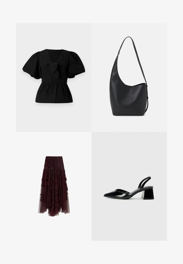 Čierna bavlnená blúzka s výstrihom do V, s balónovými rukávmi a viazaním v oblasti pásu. Hrudník je zhrnutý pre peplum tvar.; Burgundská tylová sukňa s volánovými vrstvami, elastickým pásom a rôznymi dĺžkami, s jemnou a ľahkou textúrou.; Čierne lakované kožené sandálové podpätky s špicatou špičkou a geometrickým blokovým podpätkom. Disponujú elegantným, minimalistickým dizajnom a hladkým povrchom.; Čierna kožená hobo taška so hladkou textúrou, zakriveným tvarom a jedným nastaviteľným popruhom; má široké otvorenie na vrchu.