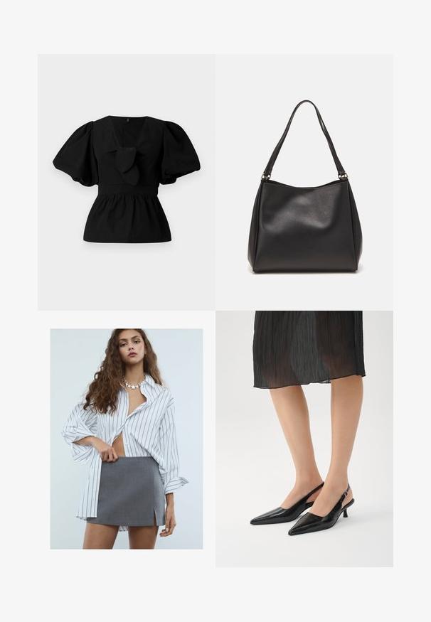 Černá bavlněná blůza se V-výstřihem, balónovými rukávy a ozdobným vázáním v oblasti pasu. Hrudník je nařasený, což vytváří peplum tvar.; Mladá žena s dlouhými kudrnatými vlasy, oblečená v bílé oversize košili s pruhy, šedé mini sukni s předním rozparkem a náhrdelníkem ve tvaru hvězdy.; Černé slingback lodičky se špičatou špičkou a lesklým povrchem, štíhlým podpatkem a otevřenou zadní částí. Texturovaný vzor na svrchním materiálu.; Černá dámská kabelka z umělé kůže s jemnou texturou, tvaru hobo a dvojitými ramenními popruhy; má lesklý povrch a minimalistický design.