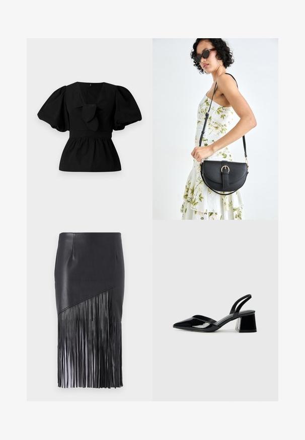 Juoda medvilninė bliuska su V formos iškirpte, pūstomis rankovėmis ir juosmens raiščiu. Viršutinė dalis suglebusi, sukurianti peplumo formą.; Juodas odinis sijonas su frangės dizainu apemoje, turintis glotnią tekstūrą ir asimetrinę formą.; Juodos lakuotos odinės šlepetės su smailiu pirštu ir geometriniu bloko kulnu. Turi elegantišką, minimalistinį dizainą ir lygų paviršių.; Juodas odinis krepšys su išlenkta forma, nuimamu dirželiu ir auksiniais detalėmis. Krepšys turi kilpą su sagtimi.