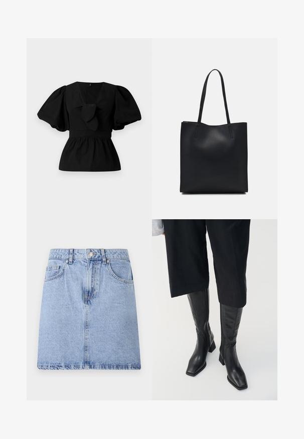 Blusa de algodão preta com decote em V, mangas bufantes e um detalhe atado na cintura. O corpete é pregueado para criar uma forma de peplum.; Saia de ganga azul clara com um design de cinco bolsos, fecho frontal com botão e zip, e bainha desfiada. Textura suave com ligeira descoloração.; Botas de couro pretas até ao joelho com biqueira quadrada e salto bloco. Apresentam um fecho de correr lateral e uma textura suave.; Bolsa tote preta em couro com textura lisa, forma retangular e duas alças longas. Sem hardware ou enfeites visíveis.