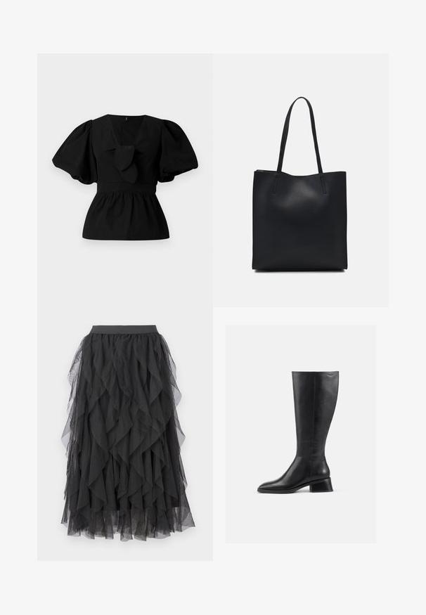 Black cotton blouse featuring a V-neck, puff sleeves, and a tie accent at the waist. The bodice is gathered for a peplum shape.; Black tulle skirt with a layered, ruffled design. Features an elastic waistband and sheer texture, creating a flowing silhouette.; Knee-high black leather boot with a rounded toe and low, block heel. Features a smooth texture and minimal stitching detail.; Black leather tote bag with smooth texture, rectangular shape, and two long handles. No visible hardware or embellishments.