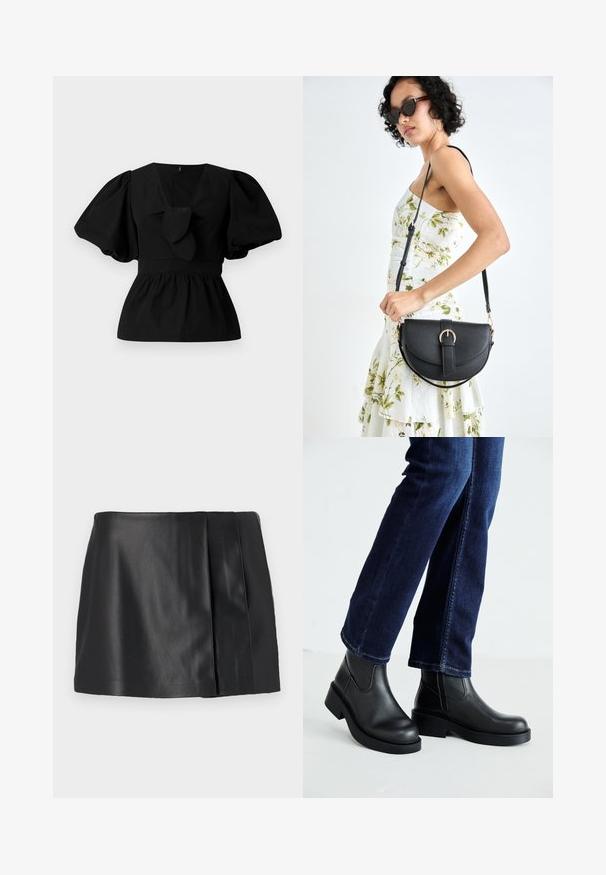 Melnas kokvilnas blūze ar V-veida kakla izgriezumu, puffam līdzīgām piedurknēm un saites akcentu viduklī. Krūšu daļa ir savākta, veidojot pepluma siluetu.; Melnas ādas mini svārki ar gludu tekstūru, maigu spīdumu un plandošu dizainu vienā pusē. Nav redzamu aizdaru vai rotājumu.; Melnas ādas potīšu zābaki ar masīvu zoli un sānu elastīgām daļām, kombinēti ar tumši ziliem džinsiem. Zeme ir gaišā krāsā.; Melnas ādas rokassoma ar izliekta formu, noņemamu siksnu un zelta aksesuāriem. Somai ir vāciņš ar sprādzes detaļu.