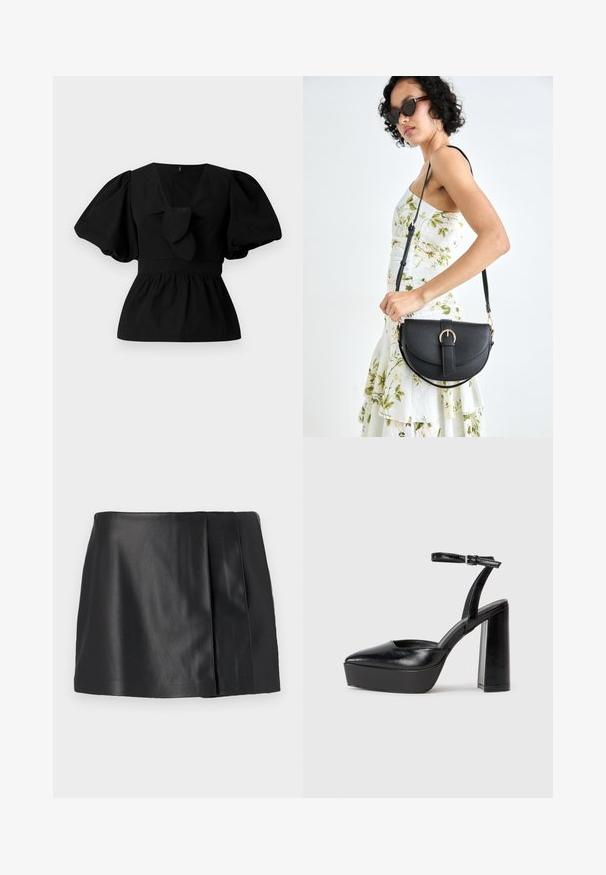Blouse en coton noir avec un col en V, des manches bouffantes et un détail à nouer à la taille. Le corsage est froncé pour une forme peplum.; Jupe mini en cuir noir présentant une texture lisse, un léger éclat et un design plissé sur un côté. Pas de fermetures ni de décorations visibles.; Escarpins noirs à plateforme avec un bout pointu et une sangle réglable à la cheville. Conçus en cuir lisse, avec un large talon bloc.; Sac à main en cuir noir avec une forme courbée, bandoulière amovible et des accessoires en or. Le sac est doté d'un rabat avec un détail de boucle.