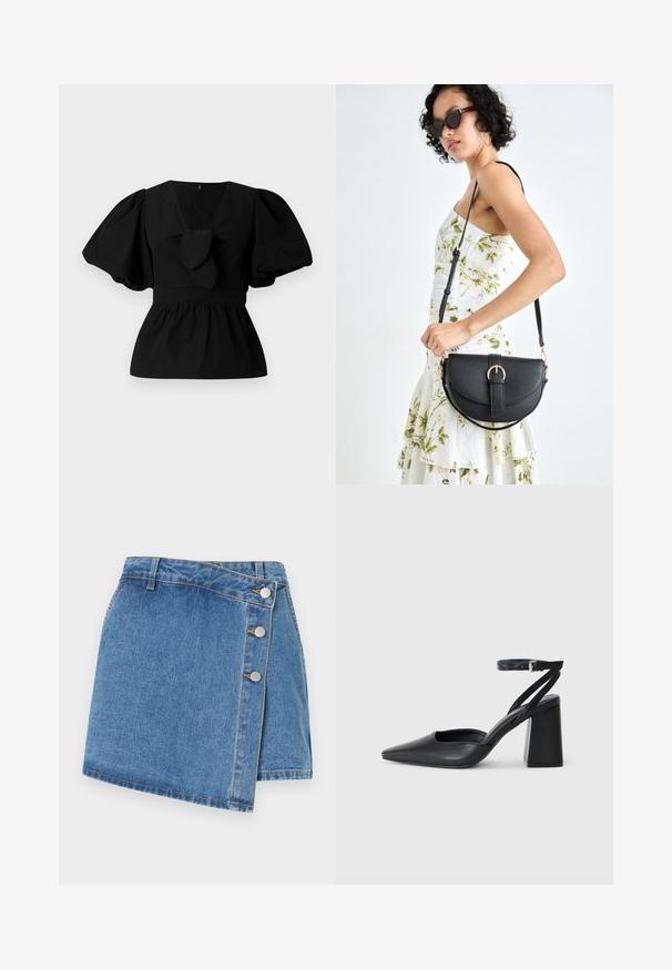 Juoda medvilninė bliuska su V formos iškirpte, pūstomis rankovėmis ir juosmens raiščiu. Viršutinė dalis suglebusi, sukurianti peplumo formą.; Šviesiai mėlynas džinsinis apvyniotas sijonas. Pasižymi aukštu liemeniu, įstrižu apdangalu ir trimis metaliniais spragtukais šone. Lygus paviršius su subtiliu siuvinėjimu.; Juoda odinė smailiagalė aukštakulnio bateliai su kulkšnies dirželiu ir storu kulnu. Lygus paviršius, elegantiškas dizainas ir minimalistiška estetinė. ; Juodas odinis krepšys su išlenkta forma, nuimamu dirželiu ir auksiniais detalėmis. Krepšys turi kilpą su sagtimi.