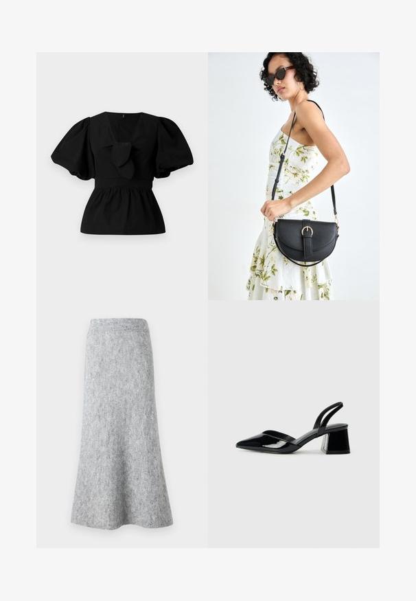 Črna bombažna bluzica z V-izrezom, nabranimi rokavi in veznim poudarkom v pasu. Bodice je nabrana za peplumski kroj.; Aware VMMARS SKIRT - Krilo A-kroja - light grey; Črne lakirane slingback pete s koničastim nosom in geometrijsko blokasto peto. Imajo eleganten, minimalističen dizajn in gladko teksturo.; Črna usnjena torbica s ukrivljeno obliko, z odstranljivo naramnico in zlatimi dodatki. Torbica ima pokrov s podrobnostmi v obliki zaponke.