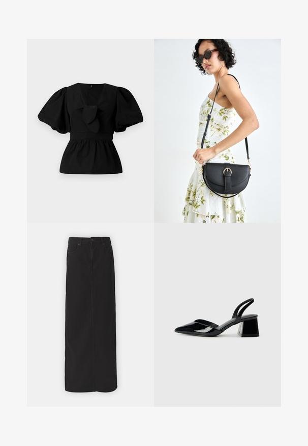 Black cotton blouse featuring a V-neck, puff sleeves, and a tie accent at the waist. The bodice is gathered for a peplum shape.; Black denim maxi skirt featuring a straight cut, front pockets, belt loops, and a single button closure at the waist. Smooth fabric texture.; Black patent leather slingback heels with a pointed toe and a geometric block heel. Features a sleek, minimal design and smooth texture.; Black leather handbag with a curved shape, detachable strap, and gold hardware. The bag features a flap with a buckle detail.