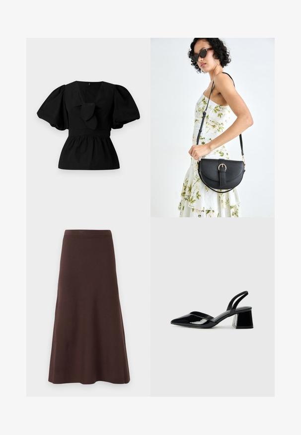 Čierna bavlnená blúzka s výstrihom do V, s balónovými rukávmi a viazaním v oblasti pásu. Hrudník je zhrnutý pre peplum tvar.; Hnedá áčková sukňa vyrobená z hladkej látky, s priliehavým pásom a rozšíreným spodkom, bez viditeľných vzorov alebo ozdôb.; Čierne lakované kožené sandálové podpätky s špicatou špičkou a geometrickým blokovým podpätkom. Disponujú elegantným, minimalistickým dizajnom a hladkým povrchom.; Čierna kožená kabelka s zaobleným tvarom, odnímateľným popruhom a zlatými doplnkami. Kabelka má klopu s detailom s prackou.