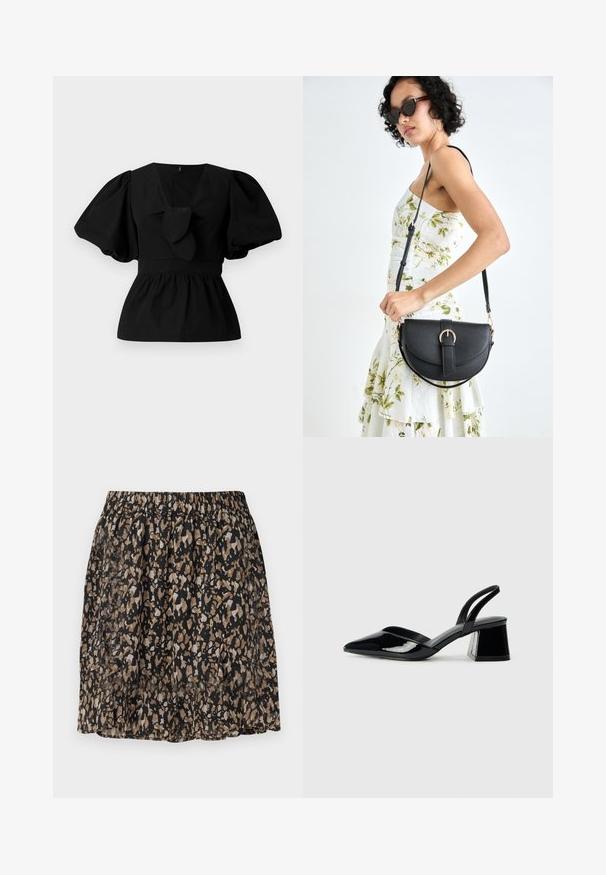 Melnas kokvilnas blūze ar V-veida kakla izgriezumu, puffam līdzīgām piedurknēm un saites akcentu viduklī. Krūšu daļa ir savākta, veidojot pepluma siluetu.; Melnās svārku piedāvā izplūdusi abstrakta raksta kombinācija baltā un brūnā krāsā. Elastīga josta, viegla auduma un līdz ceļgaliem izgriezums.; Melna lakota āda ar atvērto papēdi, ar smailu purngalu un ģeometrisku blokpapēdi. Iezīmējas elegants, minimāls dizains un gluda tekstūra.; Melnas ādas rokassoma ar izliekta formu, noņemamu siksnu un zelta aksesuāriem. Somai ir vāciņš ar sprādzes detaļu.