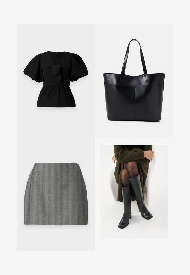 Black cotton blouse featuring a V-neck, puff sleeves, and a tie accent at the waist. The bodice is gathered for a peplum shape.; Gray mini skirt with a textured fabric, featuring vertical pinstripes and a fitted waist. Straight cut and smooth finish.; Knee-high black leather boots with a squared toe and block heel, shown with a model seated in an olive green coat. Smooth texture, minimal detailing.; Black leather tote bag with two long handles, a smooth texture, and a structured shape. Features a front pocket for additional storage.