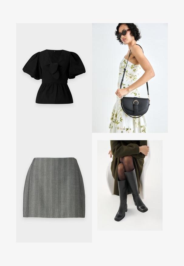 Black cotton blouse featuring a V-neck, puff sleeves, and a tie accent at the waist. The bodice is gathered for a peplum shape.; Gray mini skirt with a textured fabric, featuring vertical pinstripes and a fitted waist. Straight cut and smooth finish.; Knee-high black leather boots with a squared toe and block heel, shown with a model seated in an olive green coat. Smooth texture, minimal detailing.; Black leather handbag with a curved shape, detachable strap, and gold hardware. The bag features a flap with a buckle detail.