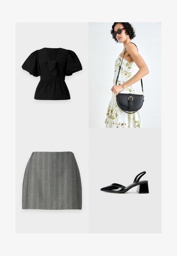 Crna pamučna bluzica s V-izrezom, napuhanim rukavima i naglaskom u obliku kravate na struku. Gornji dio je nabrčan za peplum oblik.; Siva mini suknja od teksturiranog materijala, s vertikalnim prugama i uskim strukom. Ravnog kroja s glatkom završnom obradom.; Crne lakirane kožne sandale s otvorenom petom i špicastim vrhom, s geometrijskom blok petom. Imaju elegantan, minimalistički dizajn i glatku teksturu.; Crna kožna torba s lukovitim oblikom, odvojivim remenom i zlatnim detaljima. Torba ima preklop s kopčom.