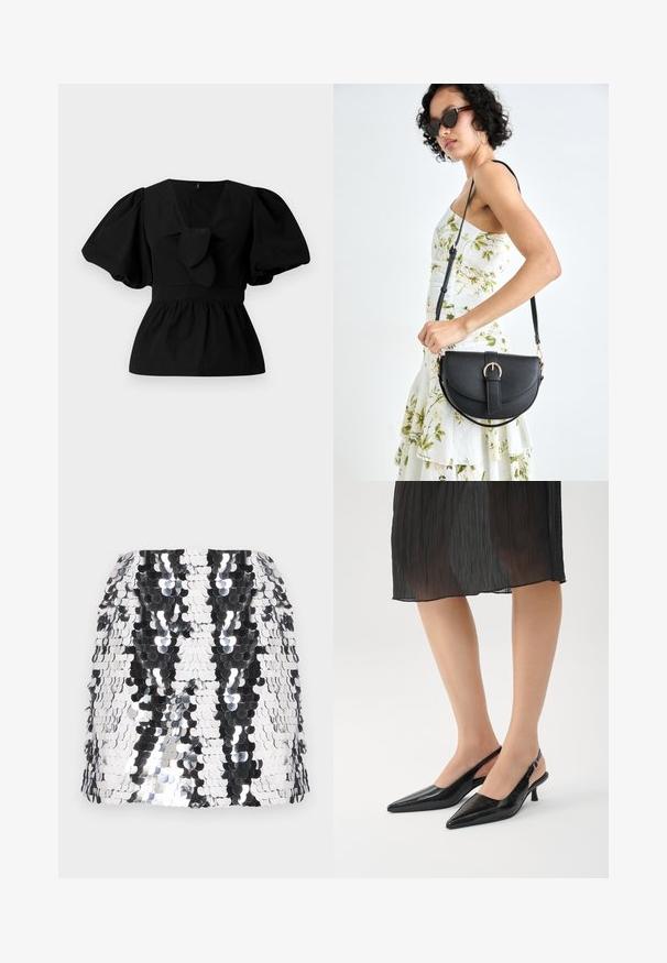 Fekete pamut blúz V nyakkivágással, puffos ujjakkal és derékon megkötős díszítéssel. A felső rész ráncolt a peplum forma érdekében.; Fekete és ezüst flitteres mini szoknya, testhezálló fazonnal. Tükröződő, kör alakú flitterekből készült, hullámos mintázattal. Simára csiszolt felület.; Fekete hegyes orrú szandálcipők fényes felülettel, vékony sarkal és nyitott hátsó kialakítással. Textúrázott minta a felső anyagon.; Fekete bőrtáska ívelt formával, levehető pánttal és arany színű fémrészekkel. A táskán egy csattal díszített fedél található.