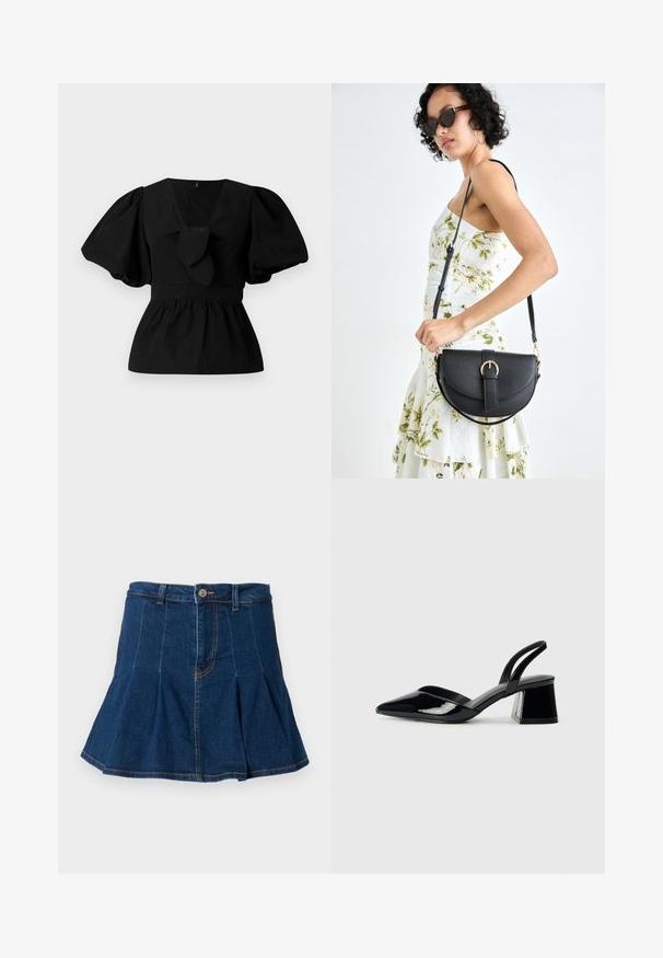 Juoda medvilninė bliuska su V formos iškirpte, pūstomis rankovėmis ir juosmens raiščiu. Viršutinė dalis suglebusi, sukurianti peplumo formą.; Tamsiai mėlyna džinsinė sijonas su klostytų dizainu, penkiais kišenėmis, priekiniais mygtukais ir kontrastingomis siuvimo detalėmis.; Juodos lakuotos odinės šlepetės su smailiu pirštu ir geometriniu bloko kulnu. Turi elegantišką, minimalistinį dizainą ir lygų paviršių.; Juodas odinis krepšys su išlenkta forma, nuimamu dirželiu ir auksiniais detalėmis. Krepšys turi kilpą su sagtimi.