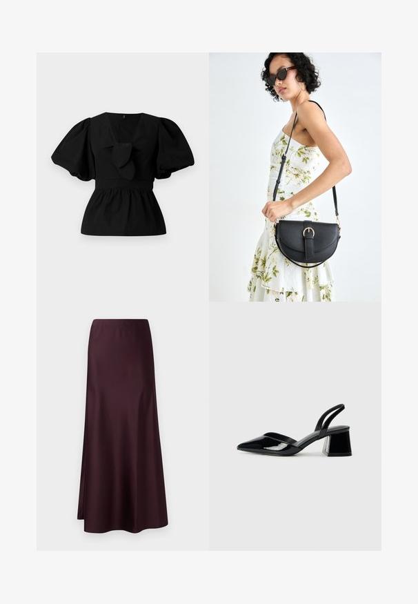 Fekete pamut blúz V nyakkivágással, puffos ujjakkal és derékon megkötős díszítéssel. A felső rész ráncolt a peplum forma érdekében.; Burgundy selyem midi szoknya sima textúrával, feszes derékrésszel és lágyan folyó szegéllyel, oldalsó sliccel a könnyű mozgás érdekében.; Fekete lakk bőr szandálkés magas sarkú cipő, hegyes orral és geometrikus tömbsarkakkal. Karcsú, minimalista dizájn és sima textúra jellemzi.; Fekete bőrtáska ívelt formával, levehető pánttal és arany színű fémrészekkel. A táskán egy csattal díszített fedél található.