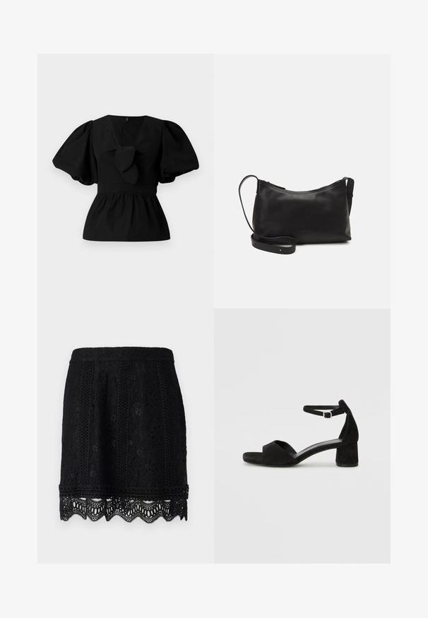 Črna bombažna bluzica z V-izrezom, nabranimi rokavi in veznim poudarkom v pasu. Bodice je nabrana za peplumski kroj.; Črna čipkasta mini krilca z zapletenimi cvetličnimi vzorci, valovitim robom in teksturirano površino za dodaten detajl. Vključena elastična pasu.; Črne zamshe sandale na peto z tankim trakom okoli gležnja, odprto konico in zmerno blok peto. Gladka tekstura in minimalni detajli.; Črna usnjena torba čez ramo z gladko teksturo, ukrivljeno obliko, nastavljivim trakom in zadrgo. Minimalističen dizajn brez okrasnih detajlov.