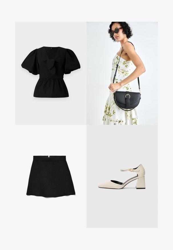 Juoda medvilninė bliuska su V formos iškirpte, pūstomis rankovėmis ir juosmens raiščiu. Viršutinė dalis suglebusi, sukurianti peplumo formą.; Juoda, platėjanti mini sijonas, pagamintas iš minkštos medžiagos. Turi lygų liemens diržą ir diskretišką užtrauktuką gale užsegimui.; Bežinės dirbtinės odos bateliai su blokuotu kulnu, smailiu priekiu, kulkšnies juostele ir subtiliais krokodilo tekstūros akcentais. Juoda vidinė pamušalas.; Juodas odinis krepšys su išlenkta forma, nuimamu dirželiu ir auksiniais detalėmis. Krepšys turi kilpą su sagtimi.