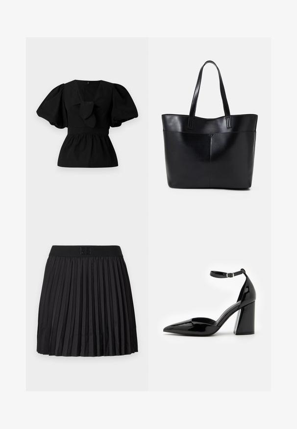 Črna bombažna bluzica z V-izrezom, nabranimi rokavi in veznim poudarkom v pasu. Bodice je nabrana za peplumski kroj.; Črna nagubana krila z gladko teksturo, ki ima trden črn pas in odtisnjen logotip na sprednji strani.; Črne lakirane visoke petke s koničastim nosom, trakovi okoli gležnja in širokim blok peto za stabilnost, ki se ponašajo z gladko sijajno teksturo.; Črna usnjena torba z dvema dolgima ročajema, gladko teksturo in strukturirano obliko. Ima sprednji žep za dodatno shranjevanje.