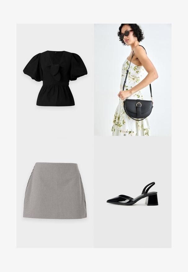 Melnas kokvilnas blūze ar V-veida kakla izgriezumu, puffam līdzīgām piedurknēm un saites akcentu viduklī. Krūšu daļa ir savākta, veidojot pepluma siluetu.; Melnas un baltas gingham svārki ar taisnu griezumu, krokotām sānu malām un gludu tekstūru. Audums ir ar mazu rūtiņu rakstu.; Melna lakota āda ar atvērto papēdi, ar smailu purngalu un ģeometrisku blokpapēdi. Iezīmējas elegants, minimāls dizains un gluda tekstūra.; Melnas ādas rokassoma ar izliekta formu, noņemamu siksnu un zelta aksesuāriem. Somai ir vāciņš ar sprādzes detaļu.