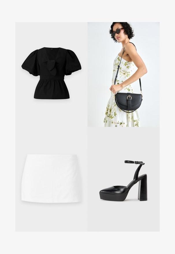 Blusa de algodão preta com decote em V, mangas bufantes e um detalhe atado na cintura. O corpete é pregueado para criar uma forma de peplum.; Saia mini branca feita de um tecido suave. Corte reto com um design simples, sem padrões ou acessórios visíveis, apresentando uma estética limpa e minimalista.; Saltos altos pretos com bico fino e atilho ajustável no tornozelo. Confeccionados em couro suave, apresentam um salto bloco robusto.; Bolsa de couro preta com forma curva, alça destacável e detalhes em dourado. A bolsa possui uma aba com detalhe de fivela.