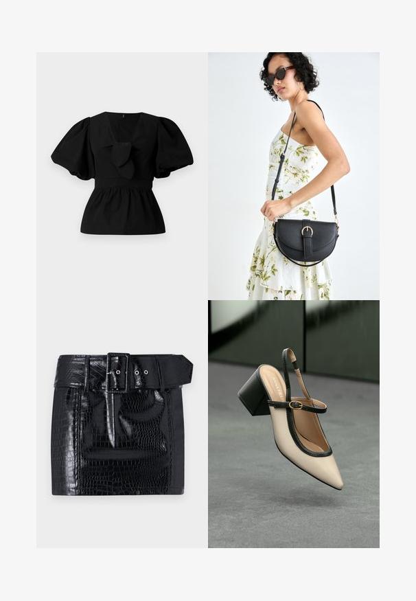 Black cotton blouse featuring a V-neck, puff sleeves, and a tie accent at the waist. The bodice is gathered for a peplum shape.; Black faux leather mini skirt featuring a crocodile pattern, wide belt with a square buckle, and snap button detail at the waist.; Beige pointed-toe slingback shoe with black trim, gold buckle, and a chunky block heel on gray floor with dark green background.; Black leather handbag with a curved shape, detachable strap, and gold hardware. The bag features a flap with a buckle detail.
