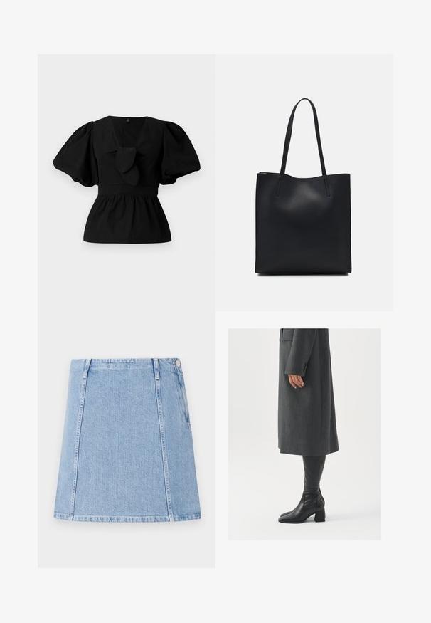 Blusa de algodón negra con escote en V, mangas abullonadas y un lazo en la cintura. El pecho está fruncido para dar forma de peplum.; Falda de denim azul claro con corte recto, detalles de costura visibles y un bolsillo lateral. El material tiene una textura con un acabado suave.; Abrigo gris, entallado y de corte recto; combinado con botas de cuero negras hasta la rodilla que tienen punta cuadrada y tacón grueso.; Bolso tote de cuero negro con textura lisa, forma rectangular y dos asas largas. Sin herrajes ni adornos visibles.