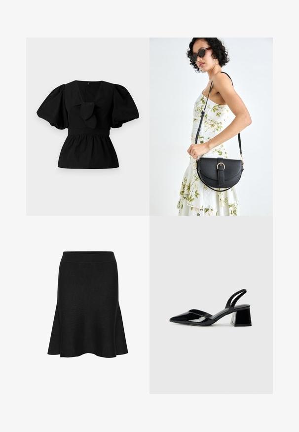 Čierna bavlnená blúzka s výstrihom do V, s balónovými rukávmi a viazaním v oblasti pásu. Hrudník je zhrnutý pre peplum tvar.; Čierna pletená sukňa s rozšírením a širokým pásom. Má hladkú štruktúru a jemné rozšírenie na spodnom okraji. Bez viditeľných vzorov alebo akcentov.; Čierne lakované kožené sandálové podpätky s špicatou špičkou a geometrickým blokovým podpätkom. Disponujú elegantným, minimalistickým dizajnom a hladkým povrchom.; Čierna kožená kabelka s zaobleným tvarom, odnímateľným popruhom a zlatými doplnkami. Kabelka má klopu s detailom s prackou.