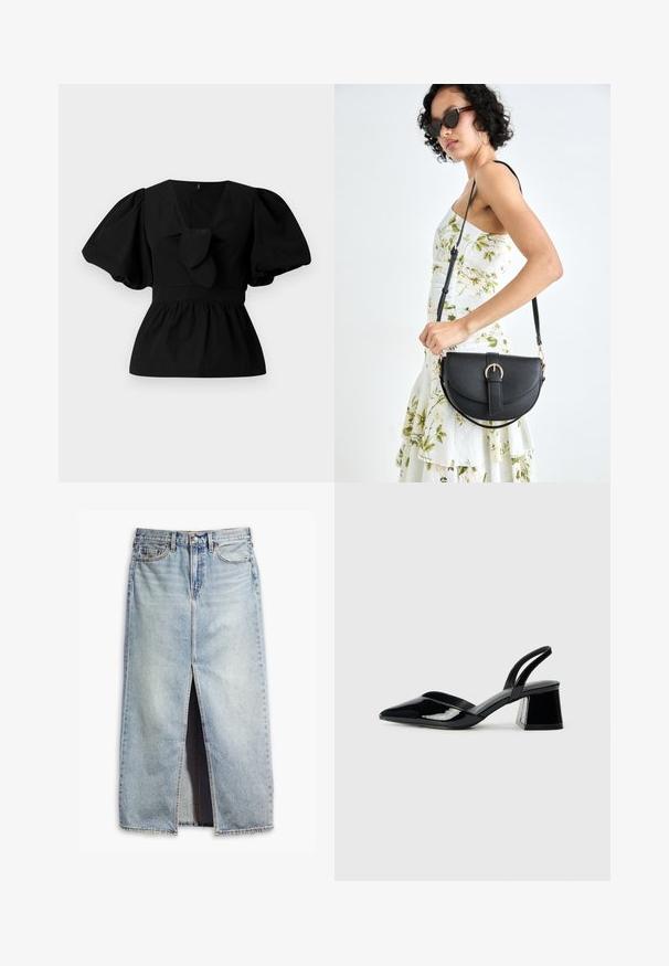 Must mustritud musta puuvillane pluus, millel on V-kaelus, puffvarrukad ja sõlmeaksent vööl. Bodice on kogutud, et luua peplumi kuju.; Heleheles sinine teksaseelik, millel on ees lõhe, viie taskuga disain ja nööbiga sulgemine. Omab kulunud kangast ja toorette lõike aktsente.; Mustad musta lakknahk kingad, millel on terav varvas ja geomeetriline plokkkonts. Omab elegantselt minimalistlikku disaini ja sujuvat tekstuuri.; Mustmust mustraha kõverate joontega, eemaldatava rihmaga ja kuldsete detailidega. Kotil on klapp, millel on pandladetail.