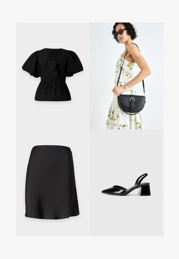 Fekete pamut blúz V nyakkivágással, puffos ujjakkal és derékon megkötős díszítéssel. A felső rész ráncolt a peplum forma érdekében.; Fekete selyem mini szoknya rugalmas derékkal, sima textúrával és egyszerű szabással. Mintázat vagy díszítés nincs rajta.; Fekete lakk bőr szandálkés magas sarkú cipő, hegyes orral és geometrikus tömbsarkakkal. Karcsú, minimalista dizájn és sima textúra jellemzi.; Fekete bőrtáska ívelt formával, levehető pánttal és arany színű fémrészekkel. A táskán egy csattal díszített fedél található.