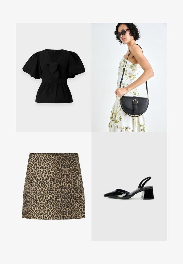 Fekete pamut blúz V nyakkivágással, puffos ujjakkal és derékon megkötős díszítéssel. A felső rész ráncolt a peplum forma érdekében.; Bézs és fekete leopárdmintás mini szoknya, puha anyagból készült, sima textúrájú és egyenes szabású, egyszerű derékrésszel.; Fekete lakk bőr szandálkés magas sarkú cipő, hegyes orral és geometrikus tömbsarkakkal. Karcsú, minimalista dizájn és sima textúra jellemzi.; Fekete bőrtáska ívelt formával, levehető pánttal és arany színű fémrészekkel. A táskán egy csattal díszített fedél található.