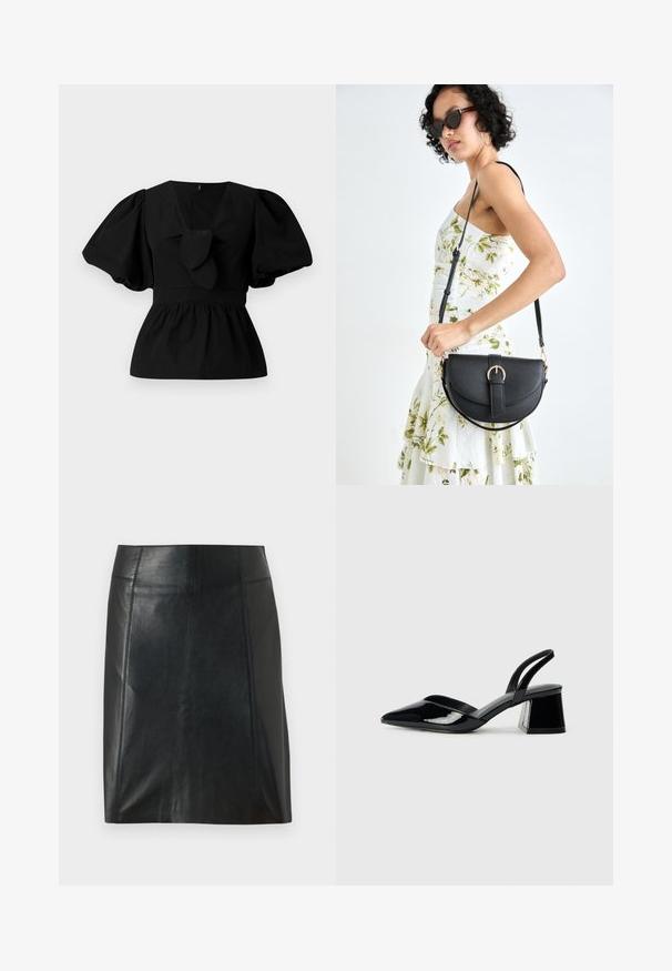 Blouse en coton noir avec un col en V, des manches bouffantes et un détail à nouer à la taille. Le corsage est froncé pour une forme peplum.; Jupe en cuir noir au design ajusté. Texture lisse, coutures soulignant la forme et ourlet droit. Apparence minimaliste et élégante.; Escarpins en cuir verni noir avec bout pointu et talon bloc géométrique. Présente un design élégant et minimaliste ainsi qu'une texture lisse.; Sac à main en cuir noir avec une forme courbée, bandoulière amovible et des accessoires en or. Le sac est doté d'un rabat avec un détail de boucle.